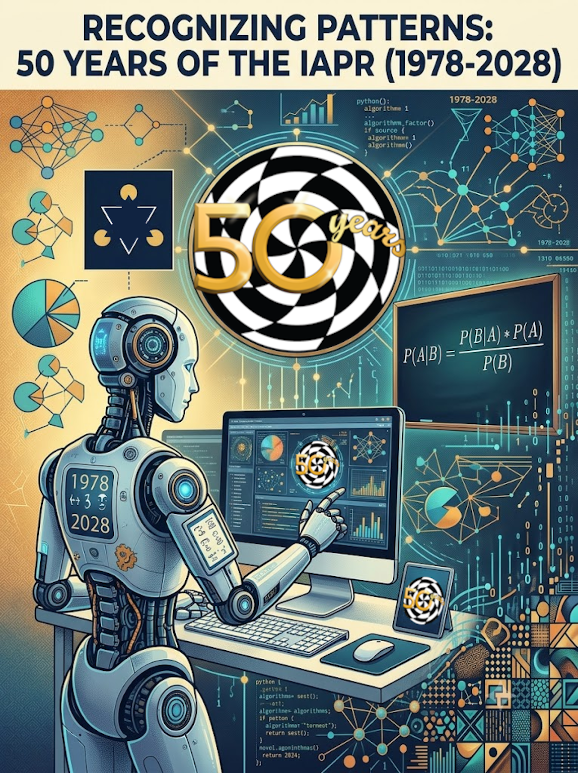 Book cover artwork depicting an android using a desktop computer surrounded by mathematical diagrams charts.